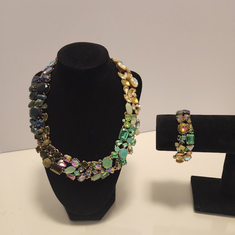 J. Crew Rare Multi-Colored Ombré Crystal Cluster Necklace and Matching Bracelet - Picture 2 of 10